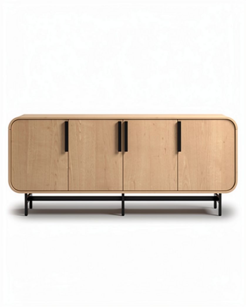 Buffet en bois clair avec portes en métal noir dimensions 120 x 40 x 70cm