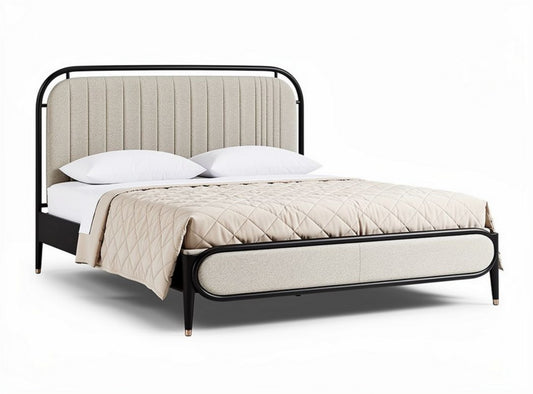 Lit double en métal et tissu beige 200 x 160 x 100 cm avec tête de lit capitonnée