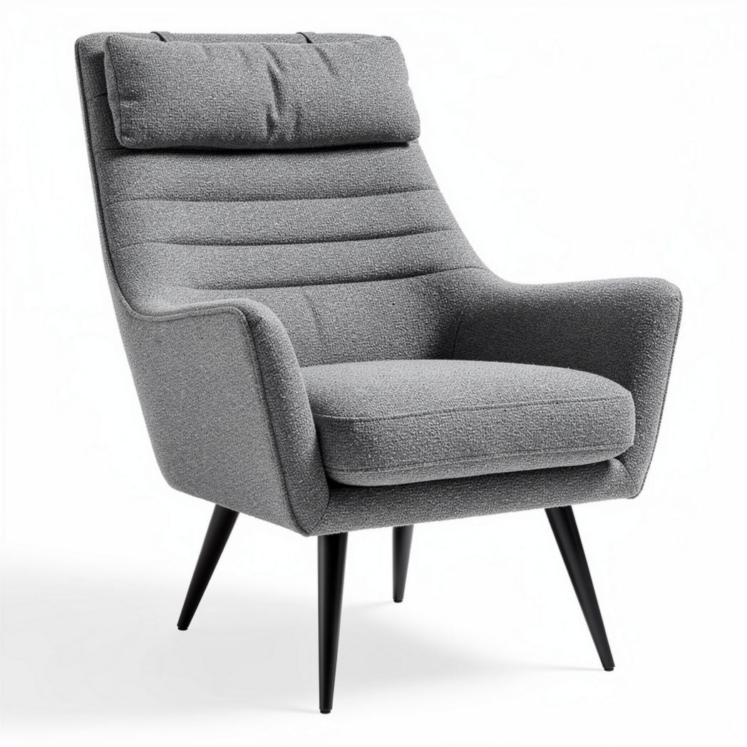Fauteuil moderne en tissu gris avec accoudoirs et piètement en bois noir