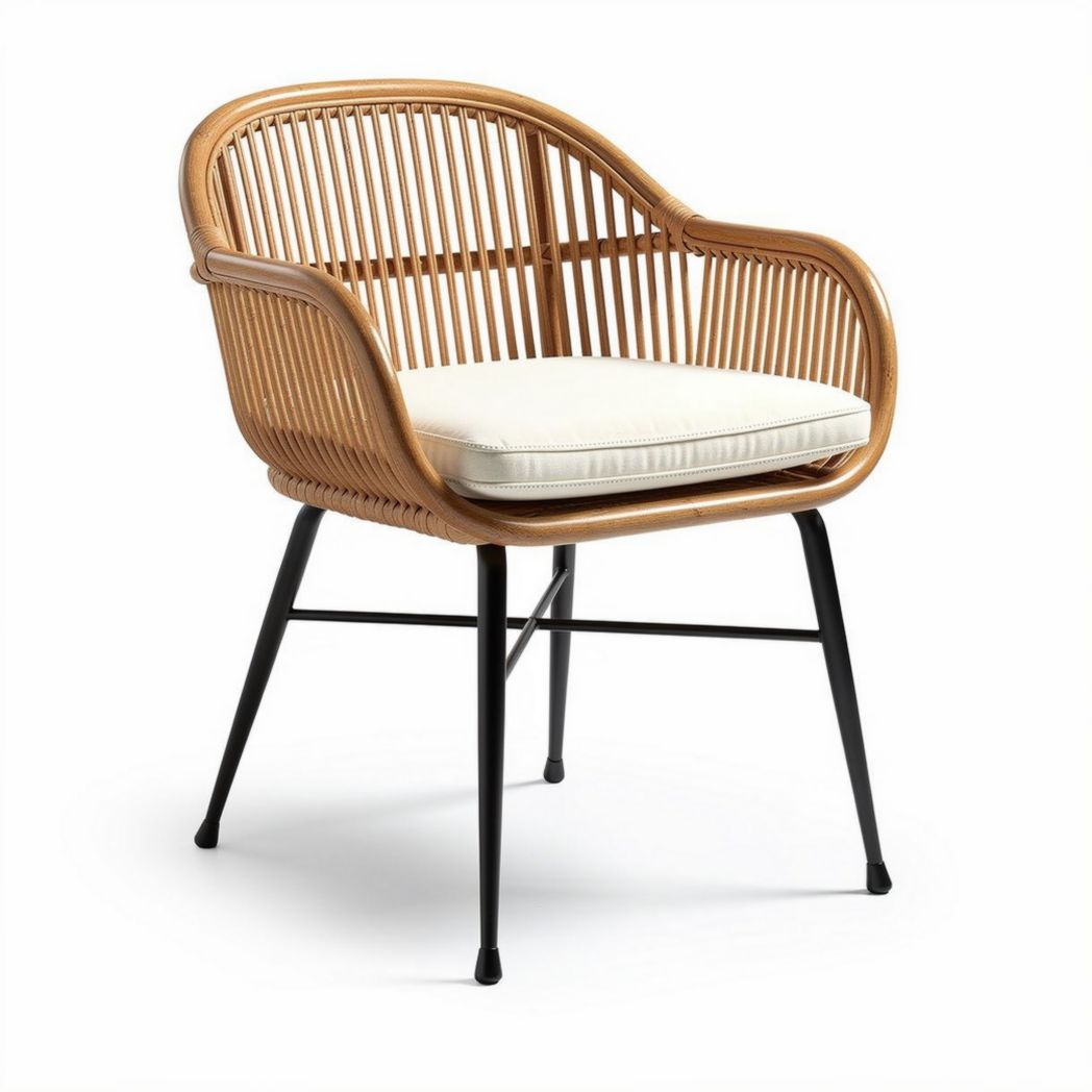 Fauteuil en rotin naturel avec coussin en tissu blanc 70 x 70 x 80cm