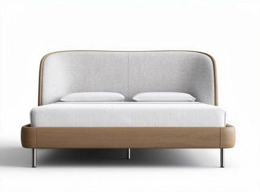 Lit en bois avec tête de lit en tissu gris 200 x 160 x 90cm