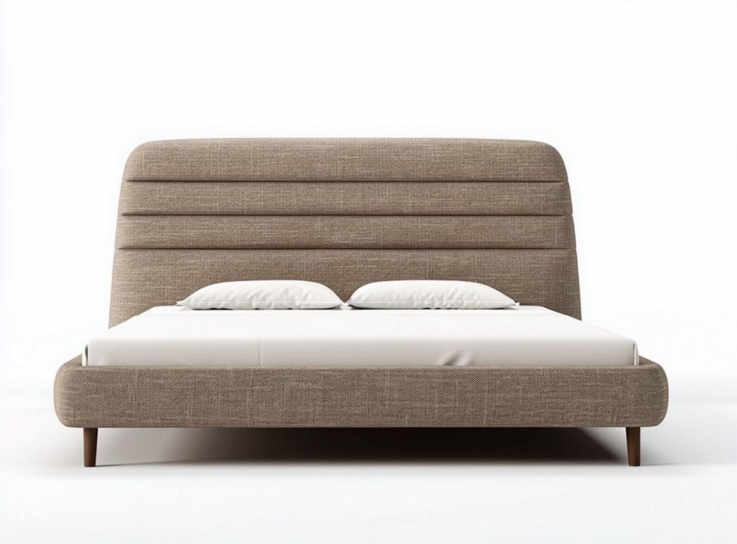 Lit double en tissu beige avec dimensions de 200 x 160 x 120cm