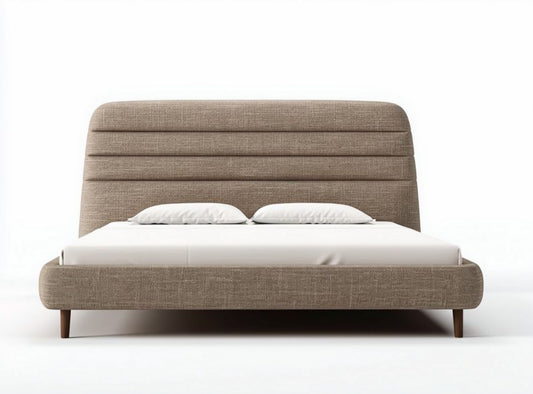 Lit double en tissu beige avec dimensions de 200 x 160 x 120cm