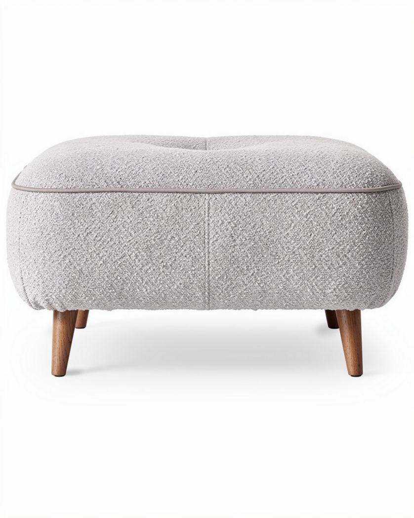 Pouf en tissu gris clair avec pieds en bois de dimensions 75 x 45 x 35 cm
