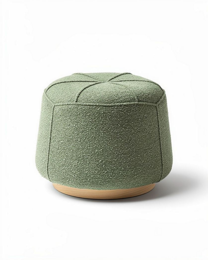 Pouf en tissu vert avec base en bois diamètre 45cm hauteur 40cm