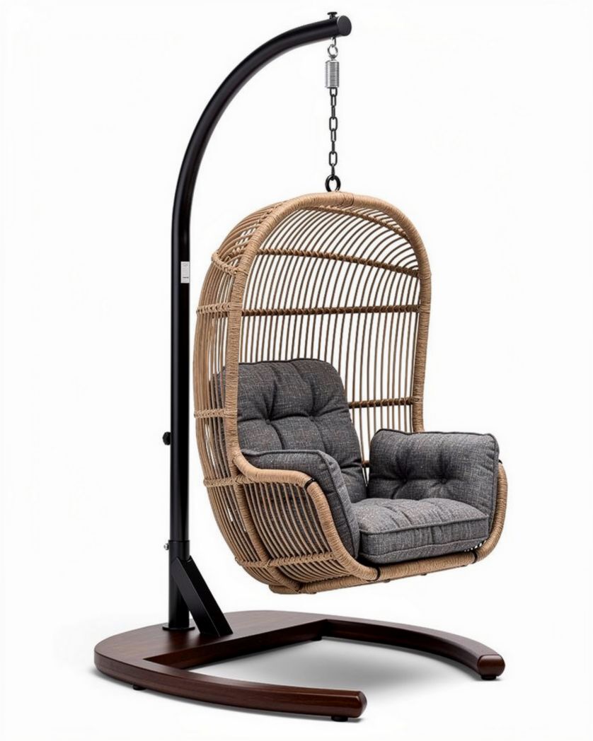 Suspension en rotin naturel avec coussins gris dimensions 80 x 75 x 120cm