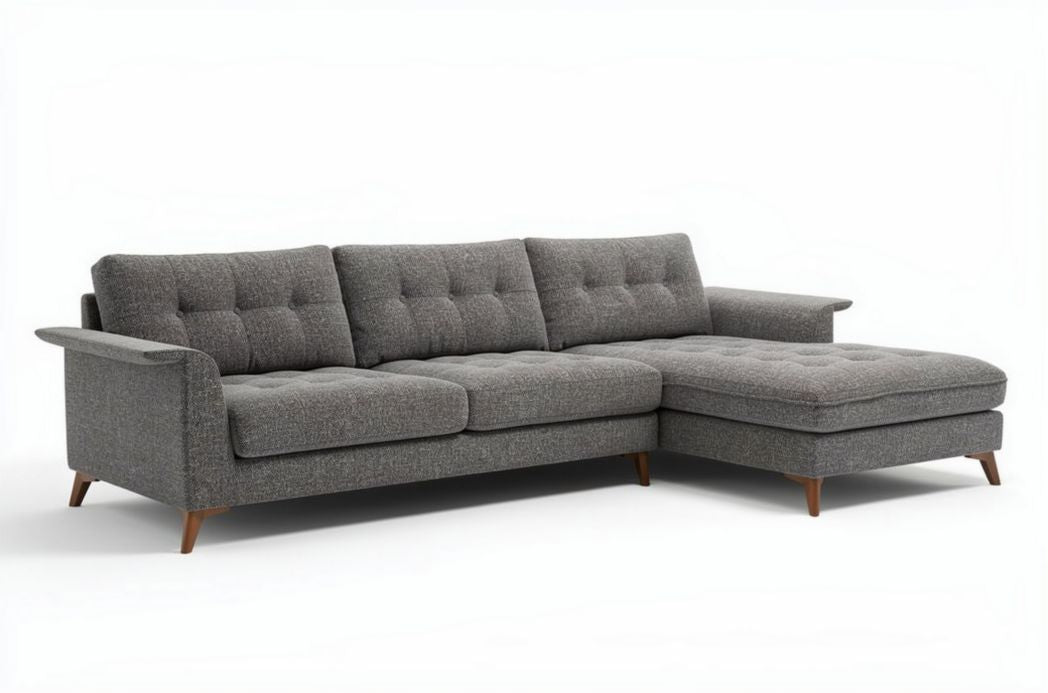 Canapé d'angle en tissu gris avec assise rembourrée et pieds en bois 230 x 85 x 90cm