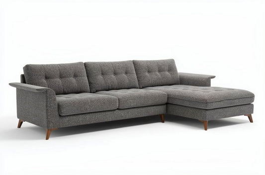 Canapé d'angle en tissu gris avec assise rembourrée et pieds en bois 230 x 85 x 90cm